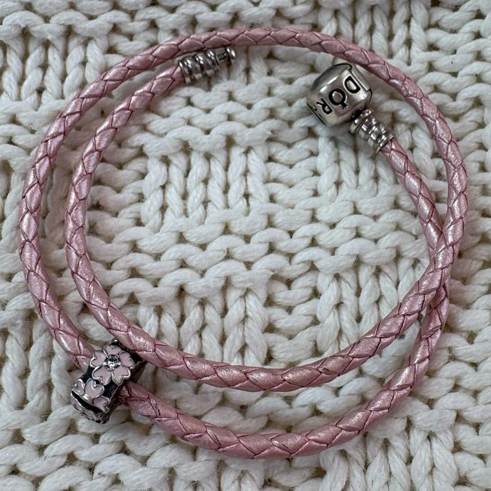 Pandora Pink Leather Double Wrap Bracelet with Pink Daisy Charm w Rhinestones - Picture 5 of 5